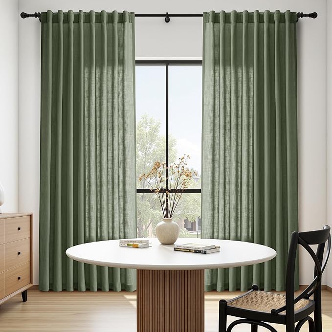 Olive Green Linen Sheer Curtains 96 Inches Long 2 Panel Set Back Tab Rod Pocket - Image 8