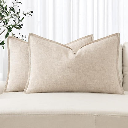 MIULEE Decorative Linen Lumbar Pillow Covers 12x20 Inch Natural Beige | Boho by MIULEE