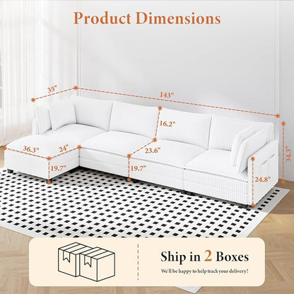 Vesgantti 143" L Shaped Modular Sectional Sofa, Comfy Corduroy Upholstered - Image 2