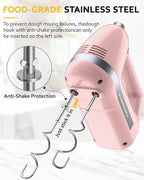 Electric Hand Mixer, Powerful 300W Hand Mixer Electric Handheld with 304 Beaters, Dough Hook,Hand Held Mixer with Turbo for Baking Cakes, Eggs, Cream Food(Pink)