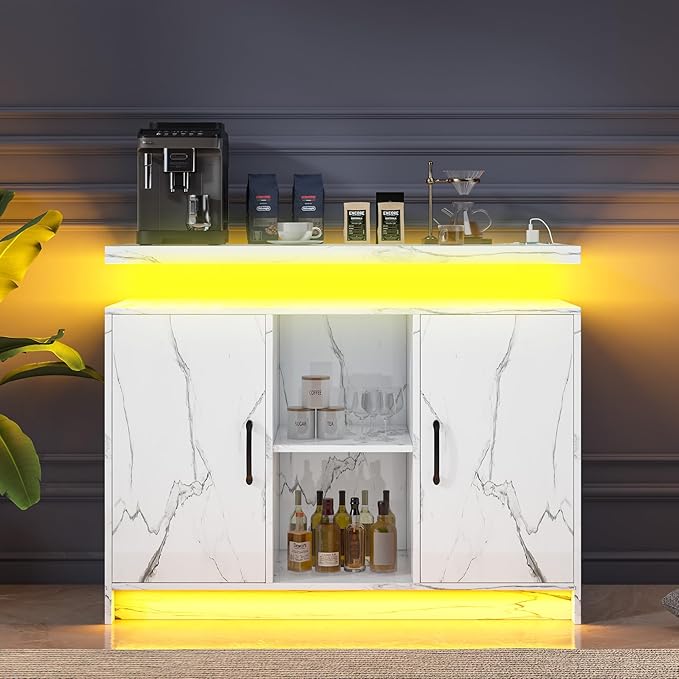 4 EVER WINNER Marble Buffet Cabinet with Storage, Modern Coffee Bar with LED Lights and Charge Station, Sideboard Buffet Cabinets with Adjustable Shelves for Kitchen,Dining Room