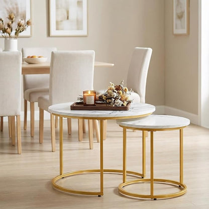 Round Nesting Coffee Table Set of 2, Modern Marble Pattern Wooden Nesting Tables - Image 5