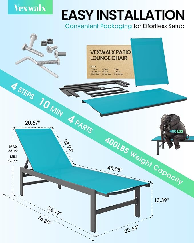 Vexwalx Outdoor Lounge Chair for Pool, Aluminum Chaise Lounge Chairs - Image 3