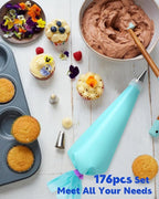 176PCS Piping Bags and Tips Set, Includes 150pcs 12 Inch Anti Burst Piping Bags, 1 Reusable Pastry Bags, 12 Piping Tips, 8 Icing Bags Ties, 3 Cake Scrapers and 2 Couplers