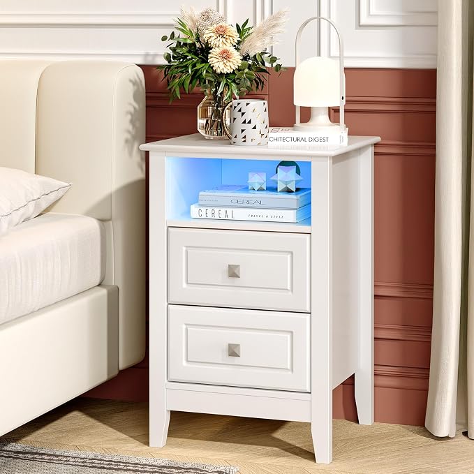 Bonnlo White Night Stand with Charging Station, Led Nightstand White Wood - Image 8