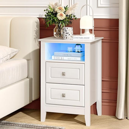 Bonnlo White Night Stand with Charging Station, Led Nightstand White Wood - Image 8