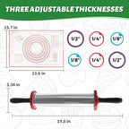 Rolling Pins,Rolling Pin and Silicone Baking Pastry Mat Set,Rolling Pins,Adjustable Stainless Steel Rolling Pin with Thickness Rings for Baking Dough,Pizza,Pie,Pasta(Red Mat)