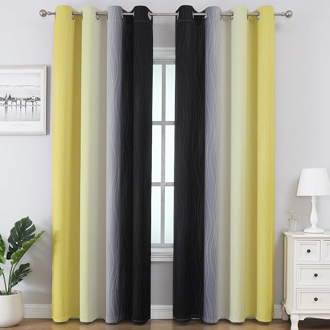 Black and Yellow Ombre Blackout Curtains 90 Inches Long | Room Darkening - Image 2