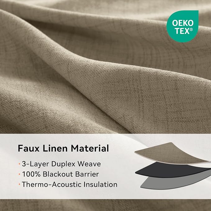 100% Blackout Linen Textured Curtains 63 Inch Long, Plaza Taupe | 100% Blackout - Image 4