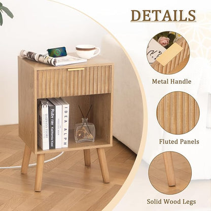 Fultyle Wood Nightstand with Charging Station, Bedside Table with Fluted - Image 4