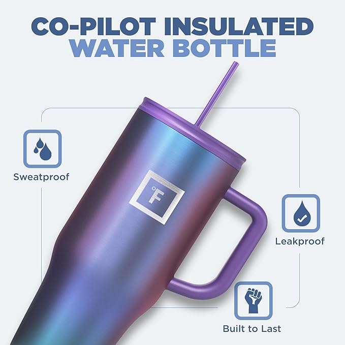 IRON °FLASK Co-Pilot Insulated Mug w/Straw & Flip Cap Lids - Cup Holder Bottle for Hot, Cold Drink - Leak-Proof - Water, Coffee Portable Travel Mug - Clementine, 32 Oz