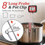 BOMATA Candy Thermometer with Pot Clip, Instant Read Cooking Thermometer with 8" Long Probe, Rotating Display, for Candy Making, Food, Candle Making, Liquids, Water, Baking, Sugar, Grilling. Black