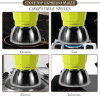 Stovetop Espresso Maker, 3Cup Moka Pot, Espresso Machine Compatible with Induction Cooktops, 150ml Stainless Steel & Aluminum Cuban Coffee Maker for Cafetera Cubana, Green