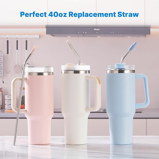 2 Pcs Stainless Steel Straw with Silicone Tips for 30 oz Stanley Tumbler, Repeatable 30 oz Metal Straws for Stanley Adventure Quencher Travel Tumbler Cup, BPA Free（Light Blue）