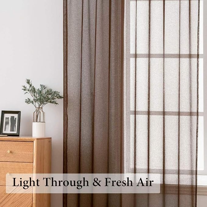 MIULEE Chocolate Brown Linen Textured Semi-Sheer Curtains 54W×72L 2 Panels | - Image 6