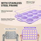 2 Pack Silicone Muffin Pan 12 and 24 Cup with Metal Frame, Non Stick Silicone Mini Cupcake Pan with Handles, BPA Free Silicon Regular Muffin Tin Tray Small for baking, egg bites, Mold Purple