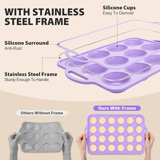 2 Pack Silicone Muffin Pan 12 and 24 Cup with Metal Frame, Non Stick Silicone Mini Cupcake Pan with Handles, BPA Free Silicon Regular Muffin Tin Tray Small for baking, egg bites, Mold Purple