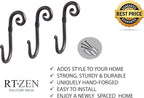 RTZEN Wall Mount Hook Set - Wrought Iron Decorative Rustic Metal Coat Hooks for Hanging - Handcrafted Classic Farmhouse Wall Mounted Black Hooks for Towel Robe or Hat Hanging - 3 Pack
