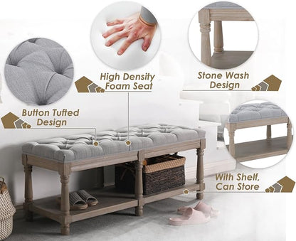 Farmhouse Storage Bench Wooden Entryway Upholstered Tufted Ottoman Bench - Image 4