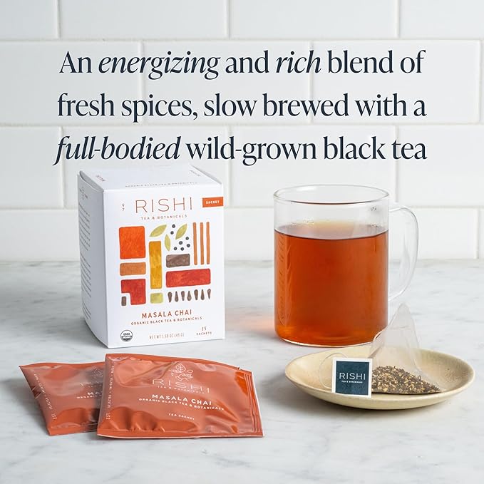 Rishi Tea Masala Chai Tea - Organic Sachet Tea Bags, Assam Black Tea Blend with Whole Spices, Energizing & Caffeinated - 15 Count (Pack of 6)