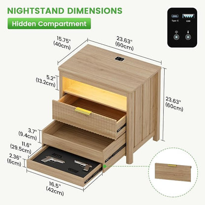 HNEBC Nightstand Set of 2 with Gun Drawer, Nightstands with Hidden Compartment - Image 3