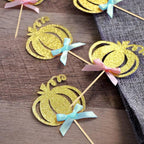 24pcs Pumpkin Gender Reveal Cupcake Toppers - Baby Shower Girl or Boy Party Decorations Supplies, Pumpkin Food Pick (Blue and Pink Bow)