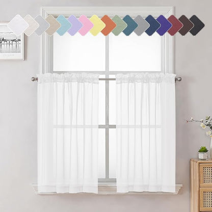 36 Inch White Sheer Curtains Tiers 2 PCS by Lecloud