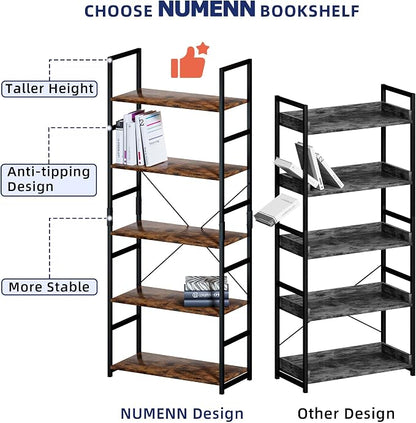 NUMENN 5 Tier Bookshelf, Tall Bookcase Shelf Storage Organizer, Modern Book - Image 7