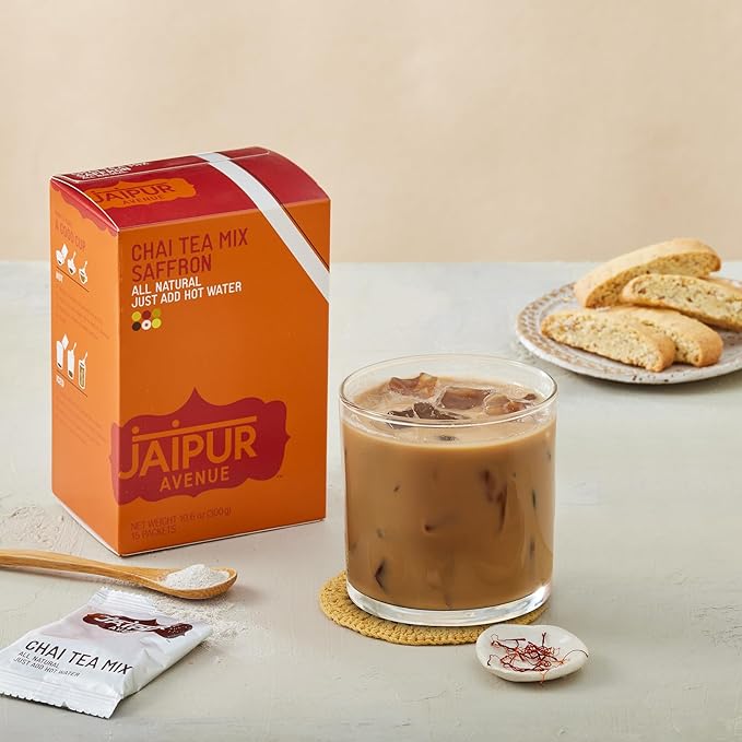 Jaipur Avenue Saffron Chai Tea Mix Crafted with All-Natural Assam Black Tea, Saffron, Cardamom, Cane Sugar, and Premium Dry Milk - Preservative-Free, Gluten-Free (15 Servings)