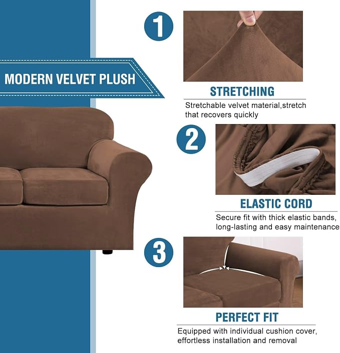H.VERSAILTEX Real Velvet Plush 3 Piece Stretch Sofa Covers Couch Covers - Image 3