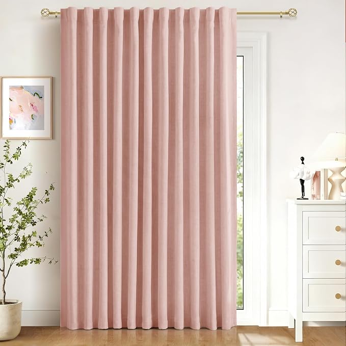Linen Textured Total Blackout Sliding Door Curtain 108 Inch Long Blush Pink | by 100BlackoutShield