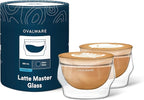 ovalware 8.5oz Double Wall Latte Cups, Latte Set of 2 - Double Wall Glasses for Cold & Hot Drink, Palm-Sized Cups with Wide Rim for Latte Art - Clear Design