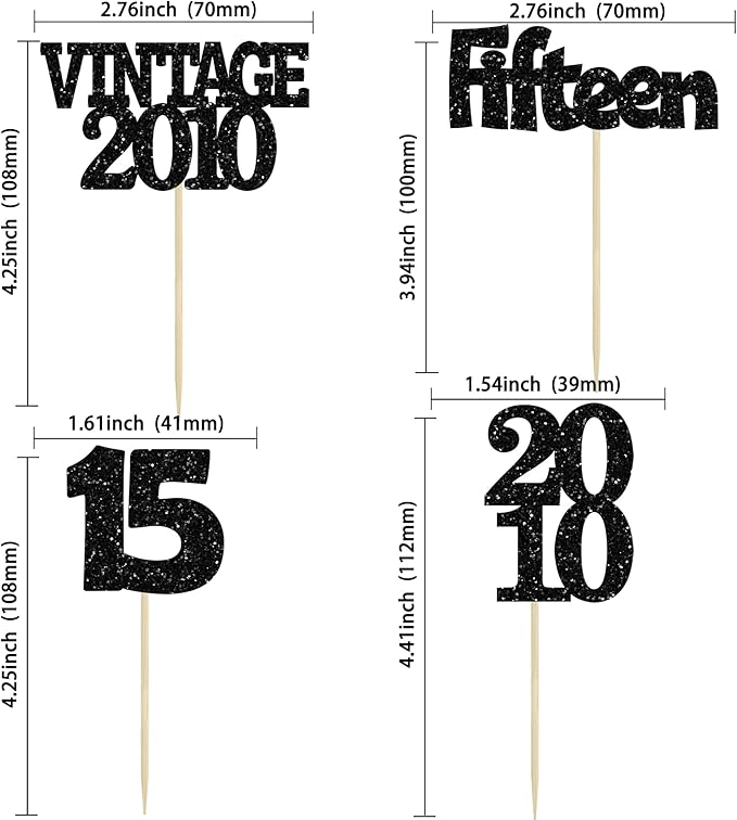 Gyufise 24Pcs 15th Birthday Cupcake Toppers Glitter Fifteen Vintage 2010 Sweet 15 Cupcake Picks Hello 15 Years Birthday Cake Decorations for Happy 15th Anniversary Party Supplies Black