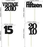 Gyufise 24Pcs 15th Birthday Cupcake Toppers Glitter Fifteen Vintage 2010 Sweet 15 Cupcake Picks Hello 15 Years Birthday Cake Decorations for Happy 15th Anniversary Party Supplies Black