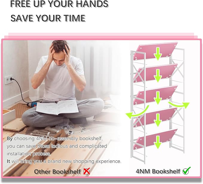 4NM 5 Tiers No Assembly Book Shelves, 51.2" H Folding Bookshelf Bookcase Open - Image 7