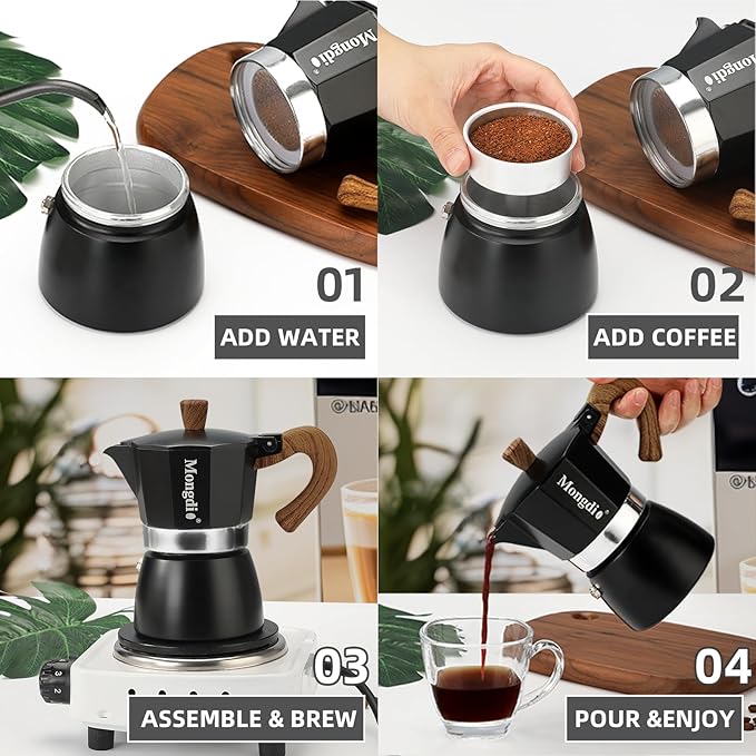 Mongdio Stovetop Espresso Maker Moka Pot, Cuban Coffee Maker Stove top coffee maker Moka Italian Espresso Greca Coffee Maker Brewer Percolator, 3 Espresso Cups, 5 oz - Black