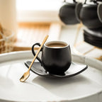 LYEOBOH Espresso Cups with Saucers Set, 3 Ounces Porcelain Coffee Cups with Metal Stand and Spoons, Cappuccino Cups Cute Demitasse Cups for Coffee Drinks, Latte, Tea Set of 6, Black