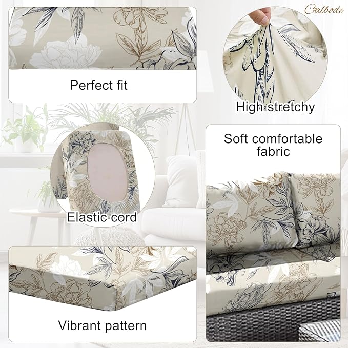 CALBODE 14Pcs Outdoor Stretch Cushion Covers, Waterproof Outdoor Chair Floral - Image 3