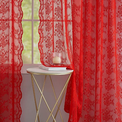 YJ YANJUN Vintage Lace Curtains 96 Inches Long-Victorian Floral Pattern Red - Image 5