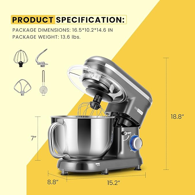 VIVOHOME Stand Mixer, 660W 10 Speed 6 Quart Tilt-Head Kitchen Electric Food Mixer with Beater, Dough Hook, Wire Whip and Egg Separator, Gray