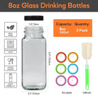 STARSIDE 8 oz 3 Pack Glass Juice Bottles with Lids - Square Reusable Drinking Jars for Juicing, Milk, Kombucha - Includes 1 Bottle Brush, 6 Colored Labels