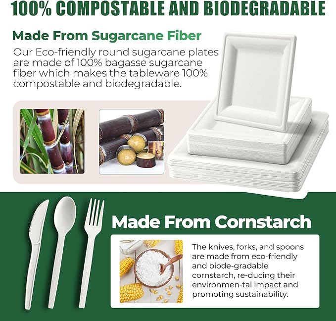 100% Compostable Paper Plates, and Biodegradable Set Includes Forks Spoons and Knives Perfect for Eco Friendly Parties and Gatherings（White 300pcs)