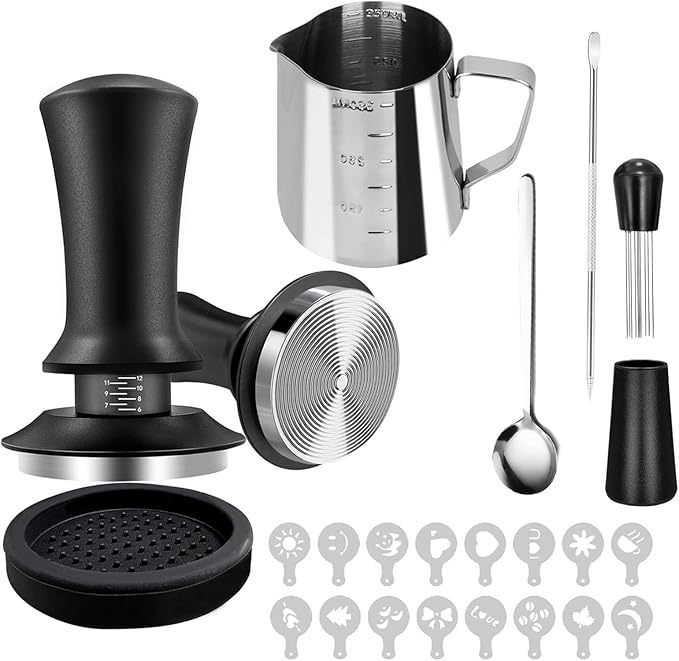Coffee Tamper, 22 PCS Espresso Accessories Including 58mm Coffee Tamper WDT Tool Tamper Mat Coffee Stirrer Latte Art Pen Milk Frothing Pitcher Coffee Stencils