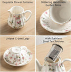 Porcelain Tea Sets British Royal Series, 8 OZ Cups & Saucer Service for 6, with Teapot Sugar Bowl Cream Pitcher Teaspoons and Tea Strainer, Suitable for High Tea, Wedding, Party（Spring Flowers）