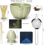 Artcome 7 Pcs Japanese Matcha Tea Set - Matcha Bowl with Pouring Spout, Matcha Whisk, Tea Scoop, Whisk Holder, Handmade Matcha Ceremony Kit For Japanese Tea Ceremony, Mottled Green