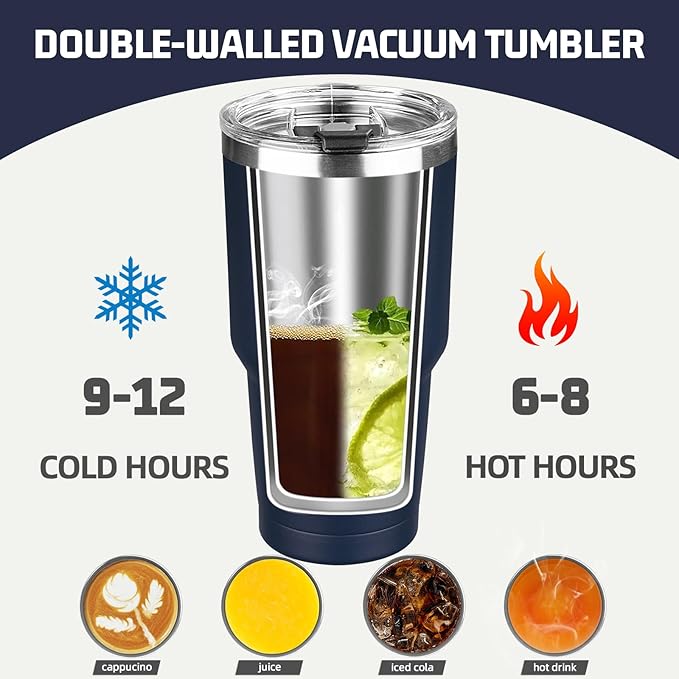 30 oz Tumbler with Lids and Straws, Stainless Steel Insulated Coffee Tumbler, Double Wall Vacuum Insulated Travel Mug Cup, Leakproof Thermal Coffee Cup for Hot and Cold Drinks (Navy Blue)