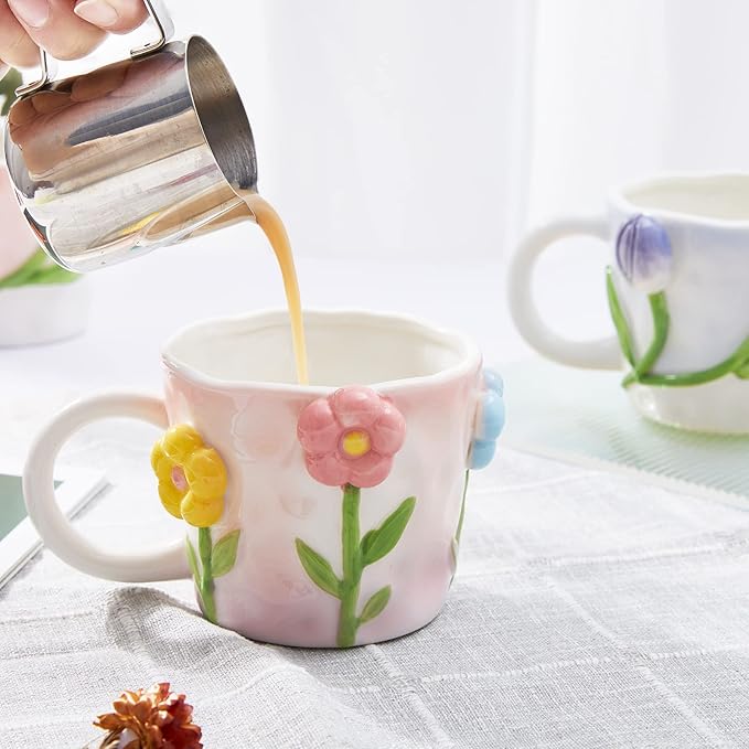 3D Flower Coffee Mug Pink Hydrangea Ceramic Cup,12 oz Cute Handmade Mugs,Christmas Birthday Surprise for Friends Family or Flower Lovers (Pink Hydrangea)