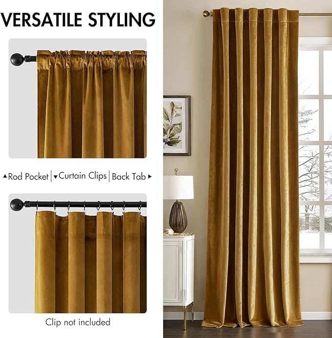 MIULEE Gold Velvet Curtains 52x90 inches Luxury Blackout Curtains | Thermal - Image 2