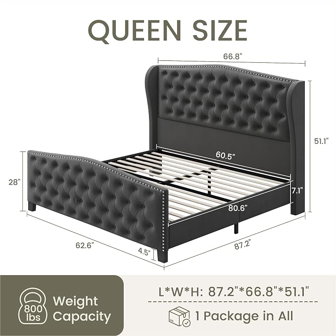 LARMACE Queen Size Bed Frame Velvet Upholstered Platform Bed - Image 2