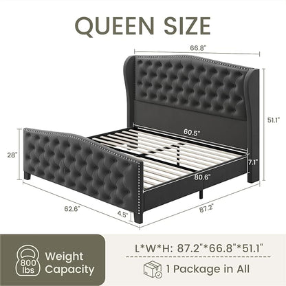 LARMACE Queen Size Bed Frame Velvet Upholstered Platform Bed - Image 2